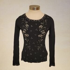 Y2K Beaded Embroidered Ribbed Long Sleeve Top Zba Women Small Black Nylon Blend